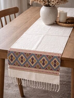 Vintage Handmade Greek Embroidered Table Runner 100% Cotton Boho Decor